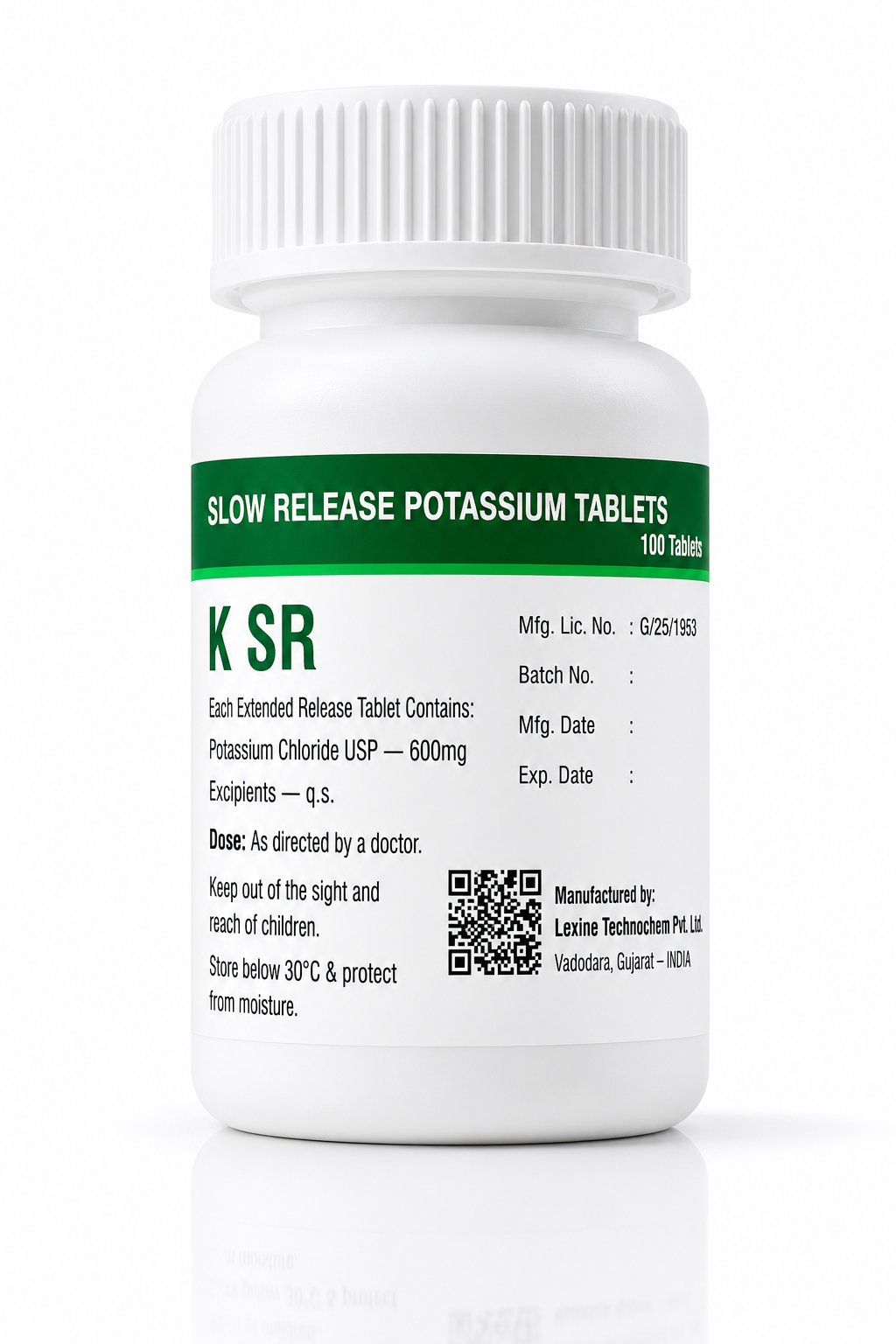K SR Slow Release Potassium Tablets bottle — potassium chloride USP 600mg, 100 tablets